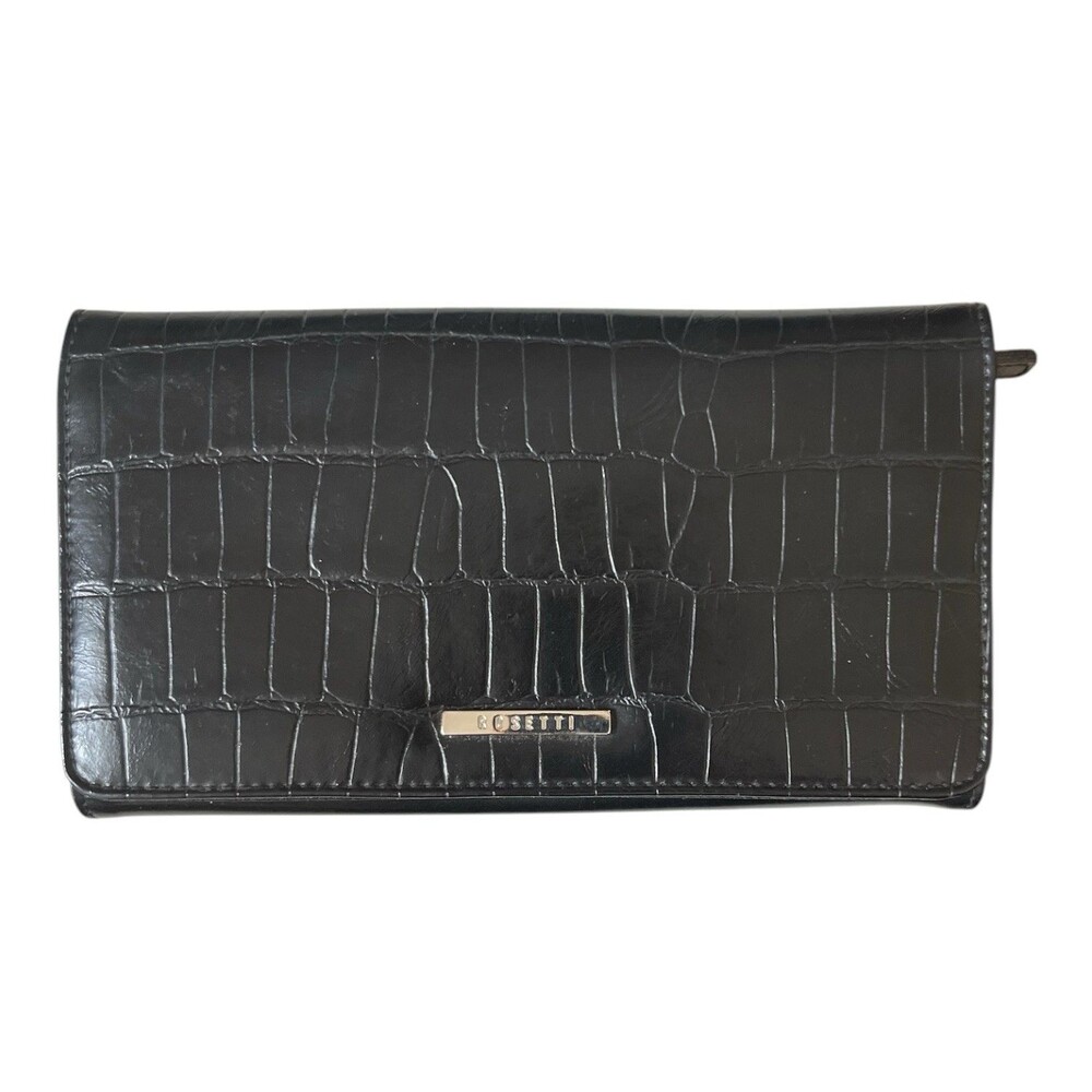 Rosetti Tri-Fold Wallet Black Reptile Embossed  Zip Pocket 7-1/4 x 4"
